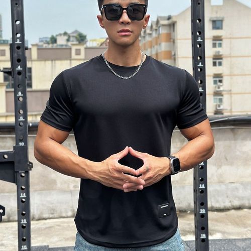 American Summer Muscle Fitness Brother Slim Fit Trend Brand Short Sleeve Men's Flow Mesh Plain Color T-Shirt Training Crew Neck Top