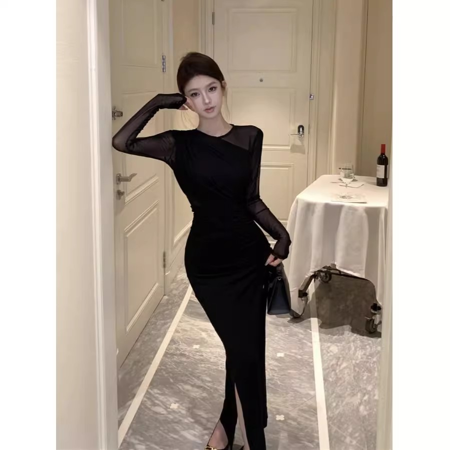 Retro Sexy Royal Sister Black Temperament Mesh Knitted Dress Women's Autumn Waist And Thin Long-sleeved Hip-wrapped Dress_ecoleips.com