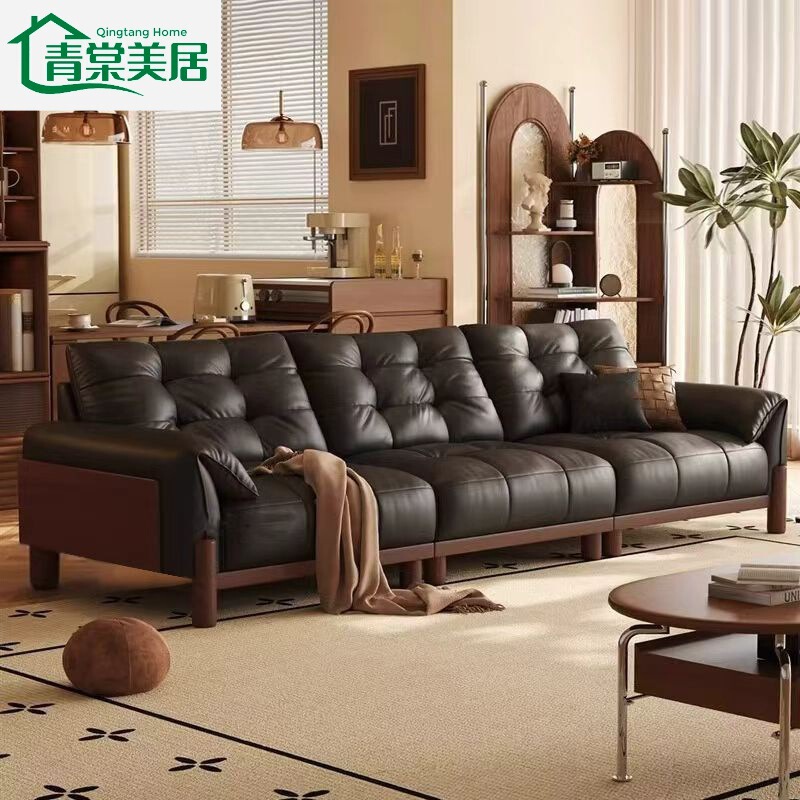 Medieval Style Soft Leather Sofa Living Room Small Apartment Home Retro Solid Wood Straight Three-Seat Leather Sofa Medieval Style Soft Leather Sofa Living Room Small Apartment Home Retro Solid Wood Straight Three-Seat Leather Sofa