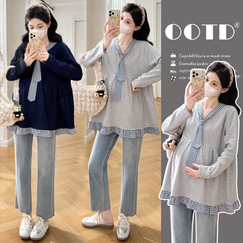 Spring and Autumn New Style Maternity French Knit Sweater, Loose Fit, Tummy-Concealing, Slimming, Patchwork Plaid Top, Maternity Wear Wholesale and Dropshipping