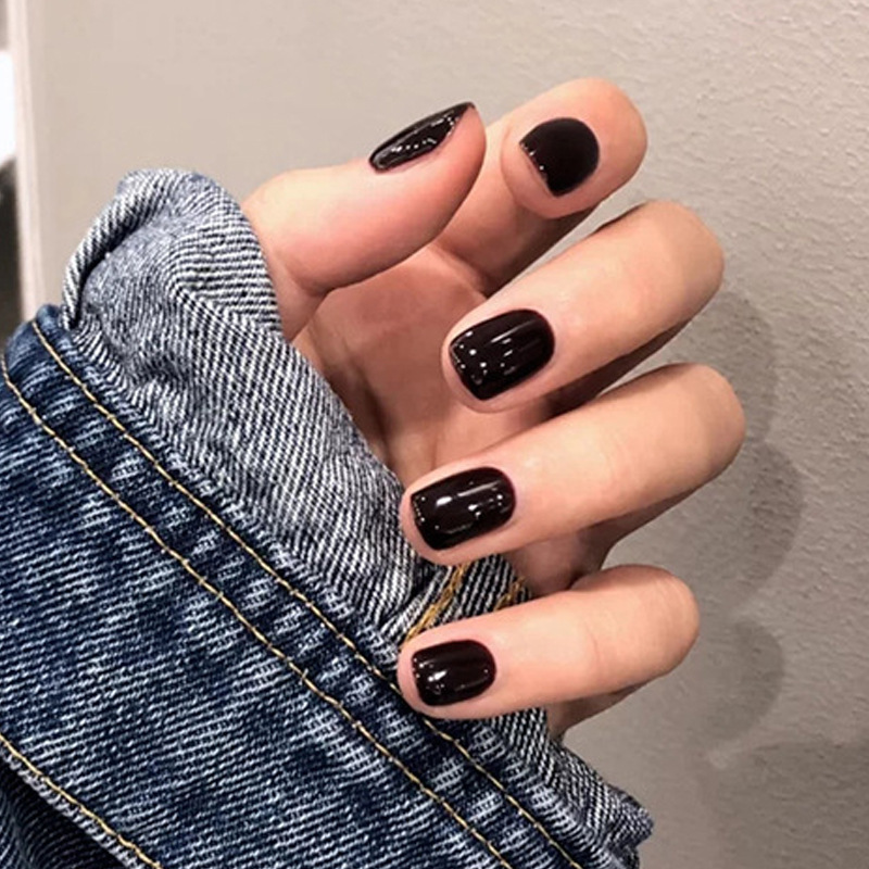 New Round Head Pure Color Wearable Nails 24 Pieces Nail Patch Finished Product Wholesale Best-Selling Black Manicure Nail Patches