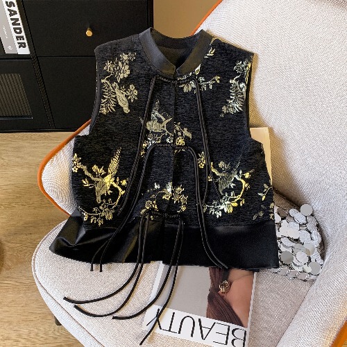 新しい中国風の刺繍タッセルボタンアセテートベスト春改良唐スーツハイエンドベストトップ|undefined