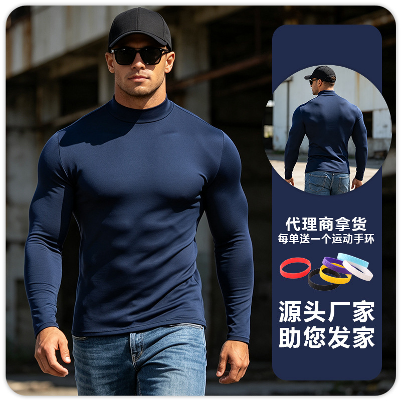 B5024 hombre de manga larga ajustado de cuello de media altura deportes de yoga correr maratón camisa de calentamiento camisa de base trajes de gimnasio