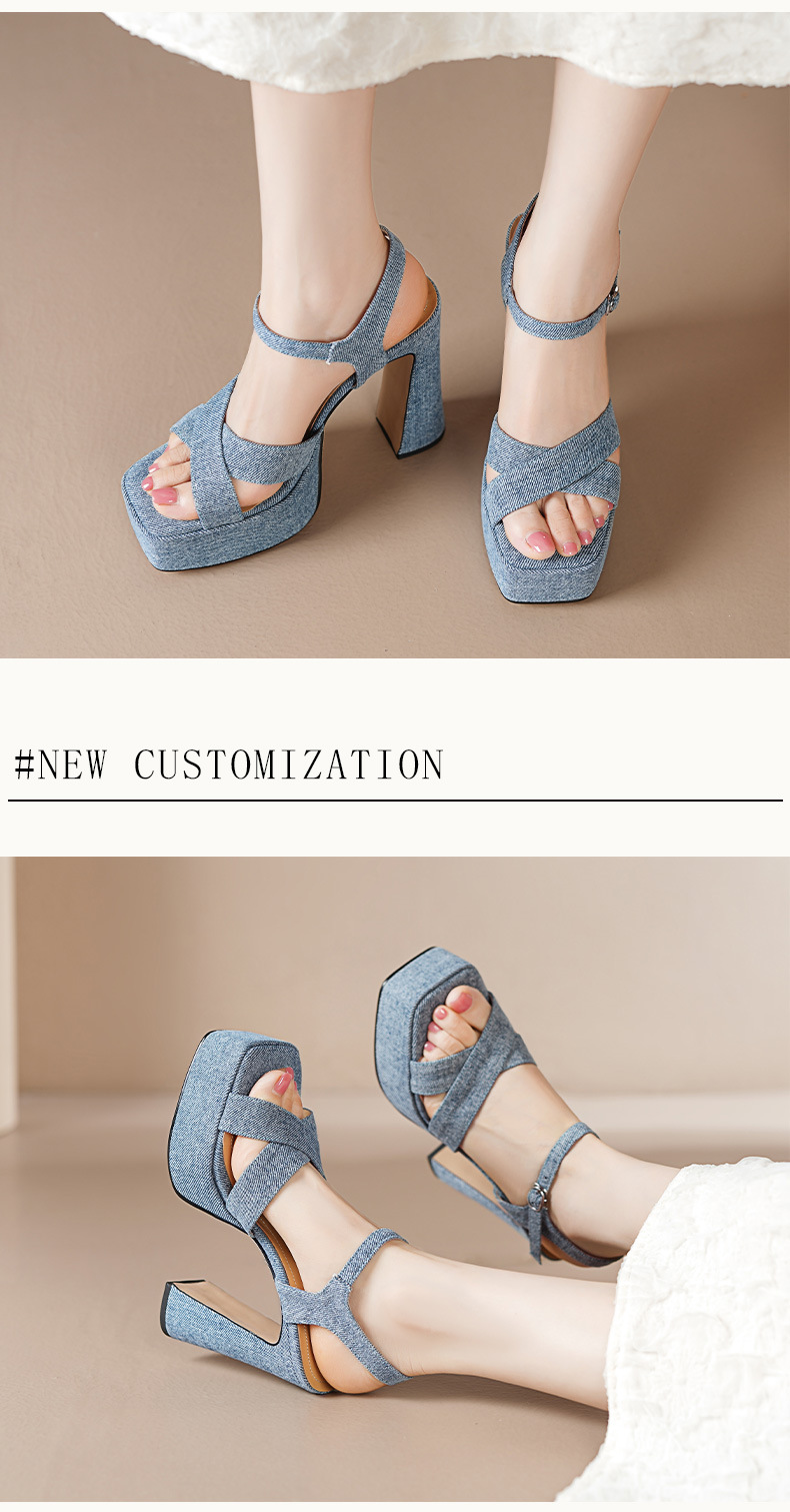 Sandal cao gót denim mũi vuông hở ngón đế dày gót thô — Vải bò màu xanh chi tiết 3