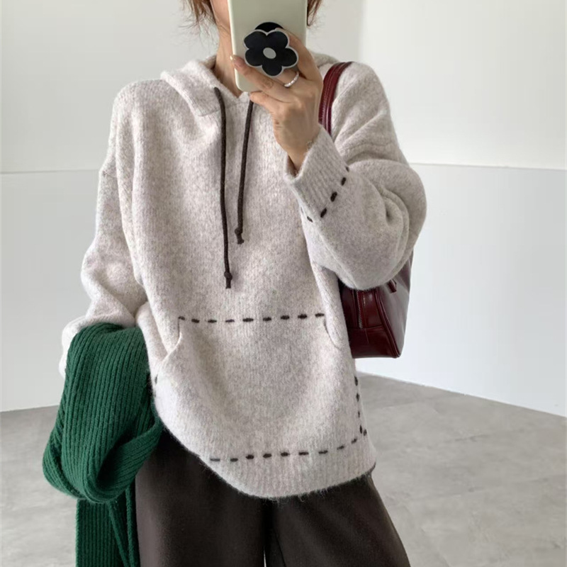 秋冬新款连帽毛衣女2025韩系宽松手工明线口袋小众慵懒风针织上衣|undefined