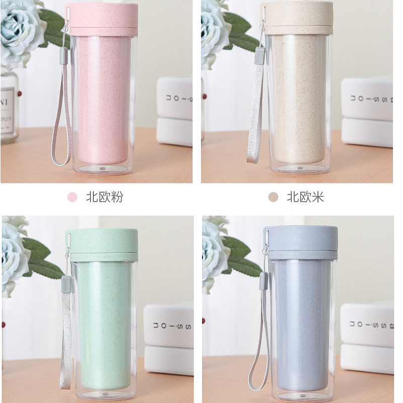 厂家直供麦香塑料水杯 便携学生麦香杯 双层塑料随手杯广告双层杯