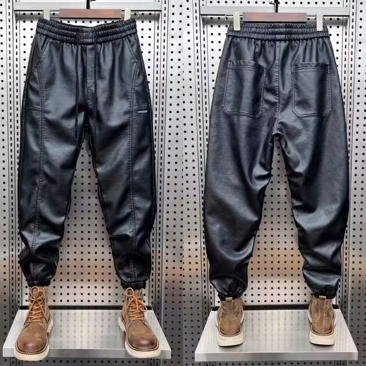 Winter Fleece-Lined Thickened Men's PU Leather Pants, Waterproof, Windproof, Warm, Autumn and Winter Casual Pants, Trendy Skinny Pants