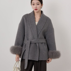 2025秋冬新款狐狸毛袖气质百搭高级感羊毛大衣女双面羊绒毛呢外套