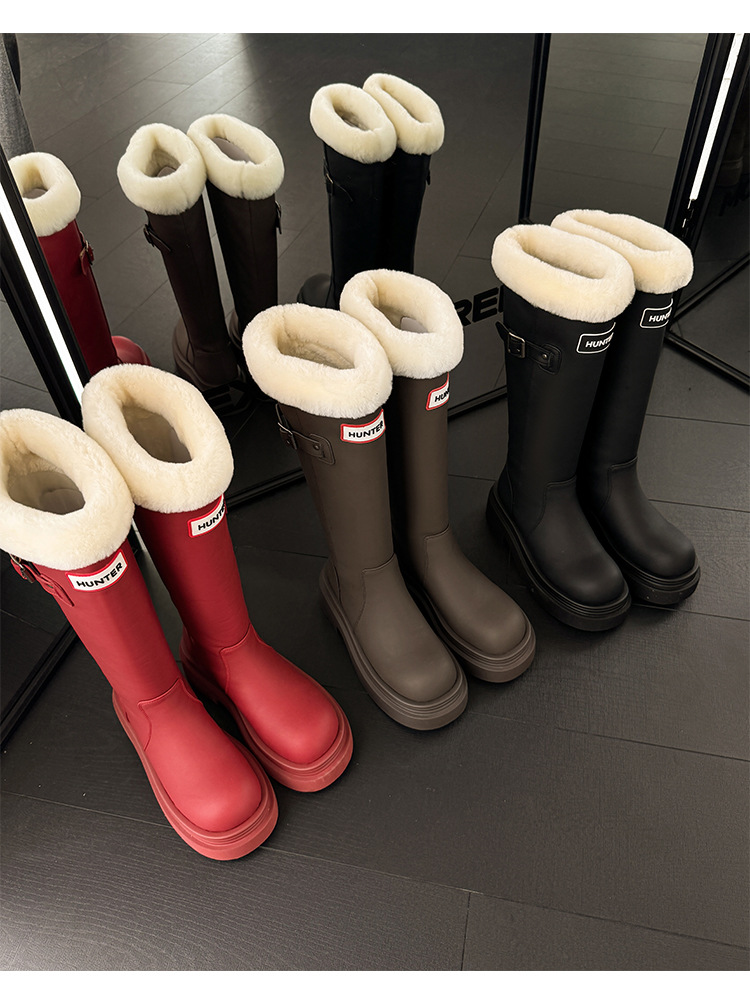 Boot nữ cổ cao ôm bắp chân lót lông cừu ấm áp đế dày da bò — màu đen chi tiết 24