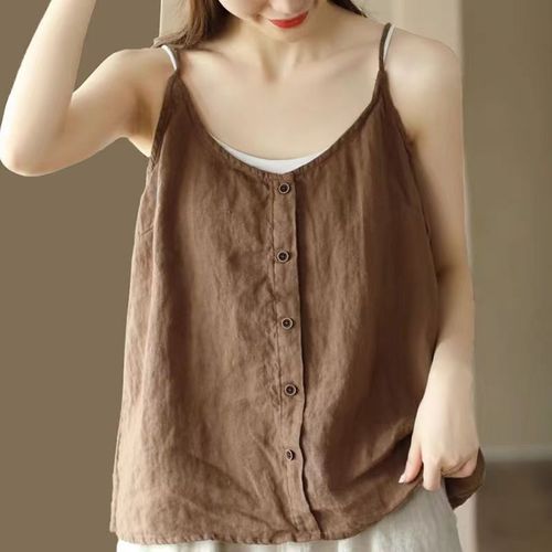Cross-border cotton and linen strappy tank top summer new literary retro women's top button decoration thin loose inner wear base layer