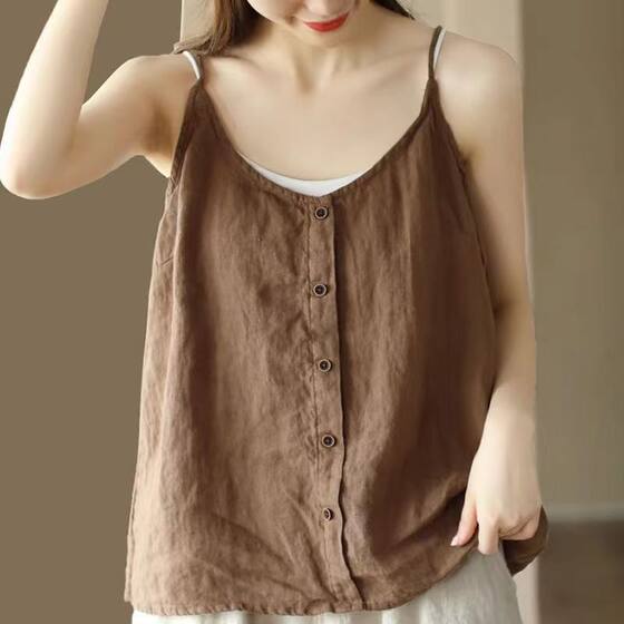 Cross-border Cotton and Linen Camisole Summer New Artistic Retro Top Button Decorative Thin Loose Inner Base Women's Top