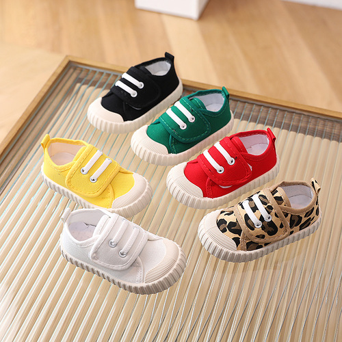Children's Casual Canvas Soft Sole Sneakers Low Top Spring and Autumn Magic Tape White Shoes for Boys and Girls Single Shoes Learning to Walk Shoes