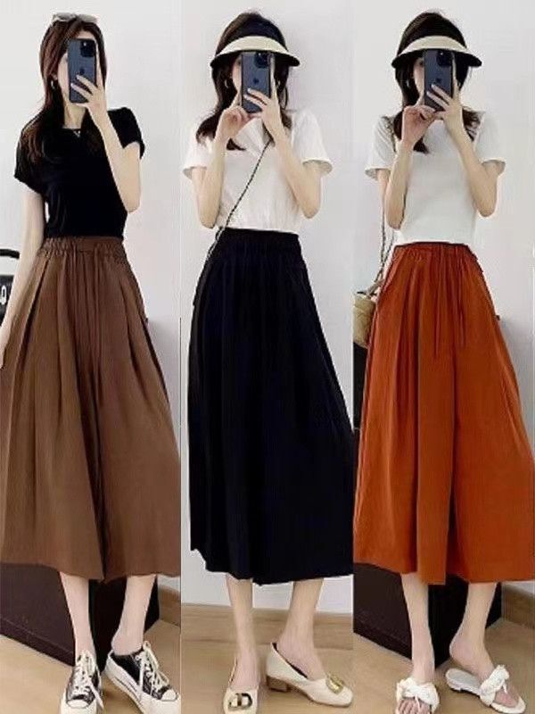 Women's Culottes Draped 2024 Summer Thin Casual Elastic Waist Large Size Culottes Slimming Look Elegant Ice Silk Wide Leg Pants for Women