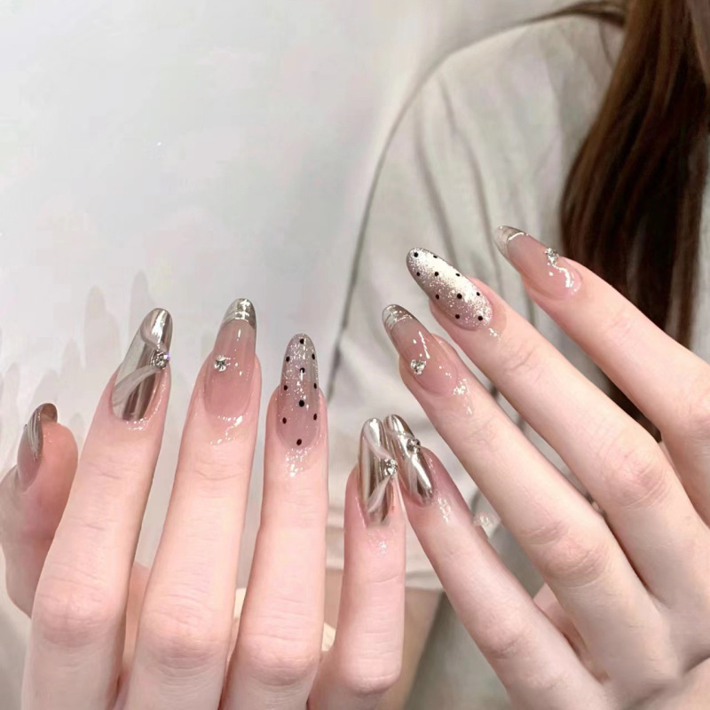 Wearing armour handmade high-grade nude magic mirror French ribbon nail art cat eye wave point removable fake nails wholesale