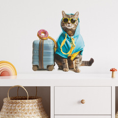 外貿創意旅行貓咪兒童臥室窗玄關家居裝飾牆貼畫貼紙自粘批發跨境