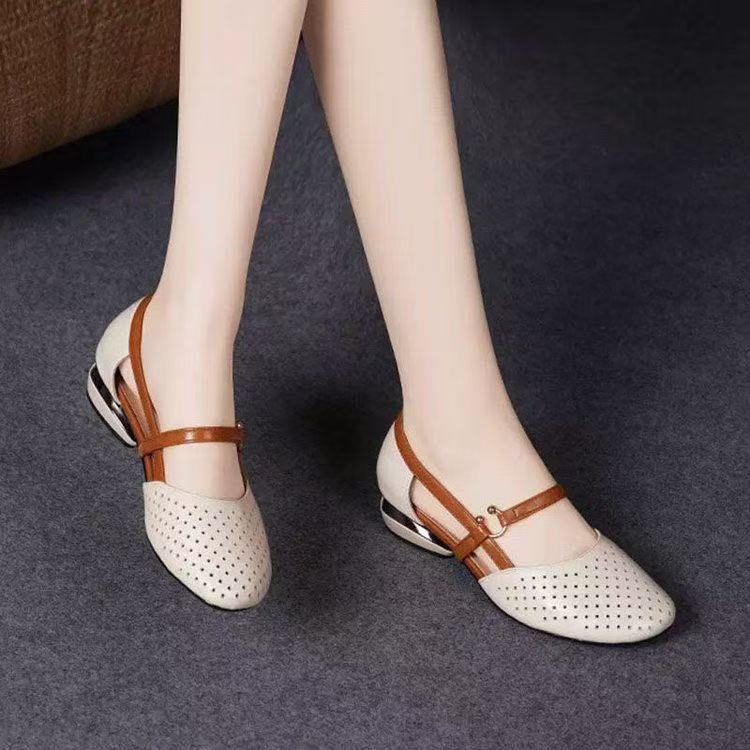 Sandalias Baotou nuevos zapatos de cuero de verano zapatos de madre punta redonda tacón medio fondo suave sandalias de agujero de mujer huecas y transpirables antideslizantes
