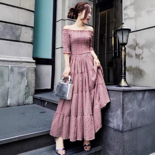 2025 Spring and Summer One-Shoulder Length Skirt High-Waist Slimming Knee-Length Full-Skirt Retro Floral Dress Cross-Border Direct Sales