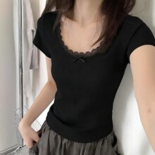 纯欲蕾丝花边蝴蝶结正肩短袖t恤女夏季甜辣妹u领紧身显瘦收腰上衣