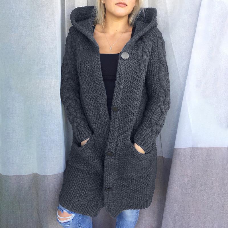 Women's Clothing autumn and winter thickened sweater cardigan hooded long knitted sweater large size women's coat thick _voghion.com
