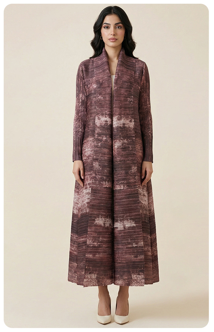 Miyake Cross-Border Foreign Trade Middle Eastern Best-Selling Autumn Muslim Robe Cape Printed Women's Arabic Tie-Waist_ecoleips.com