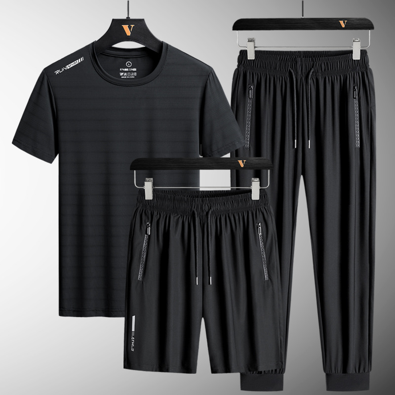 Trajes deportivos casuales para hombres secos rápidos pantalones cortos de mangas cortas pantalones largos para hombres tres piezas de hielo ropa de correr para hombres al por mayor