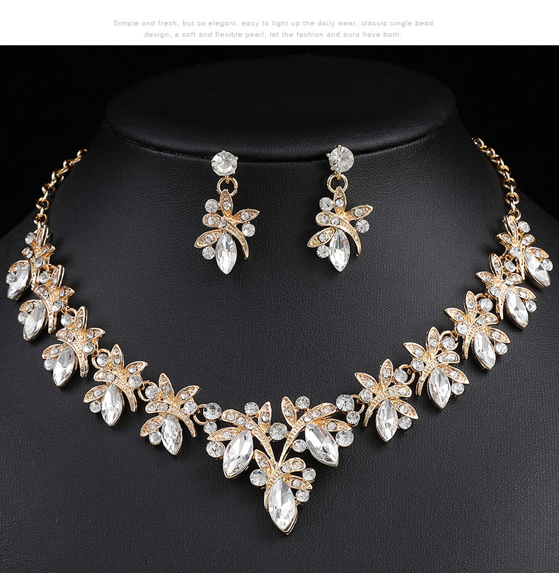 Set di orecchini e collana in lega di cristallo di vetro intarsiato con libellula, abito da sposa e accessori_voghion.com