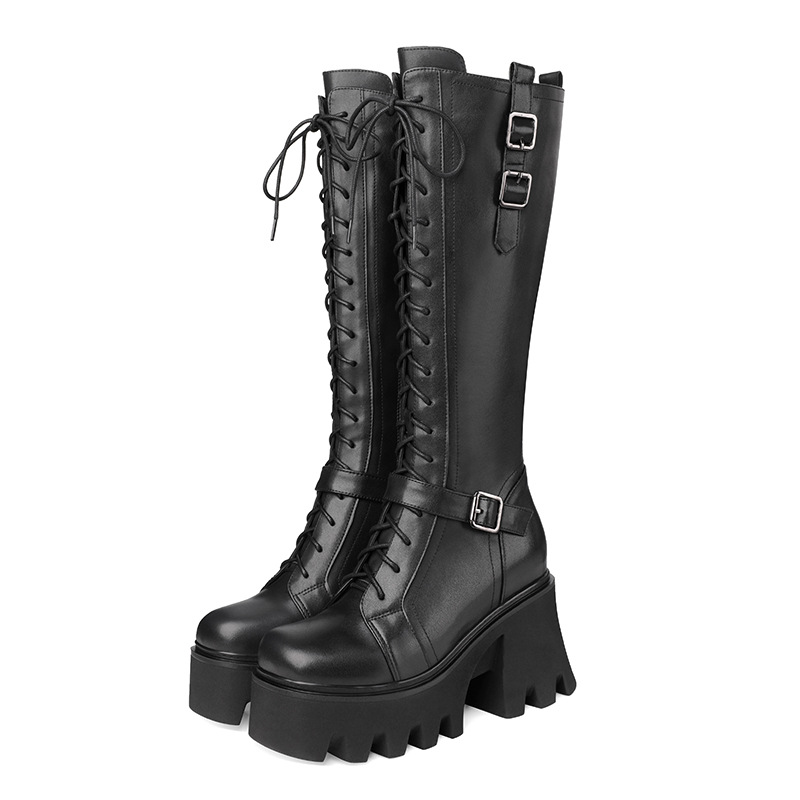 Boot nữ cổ cao phong cách cổ điển, gót 10 cm, khóa dây buộc — Lót nhung đen