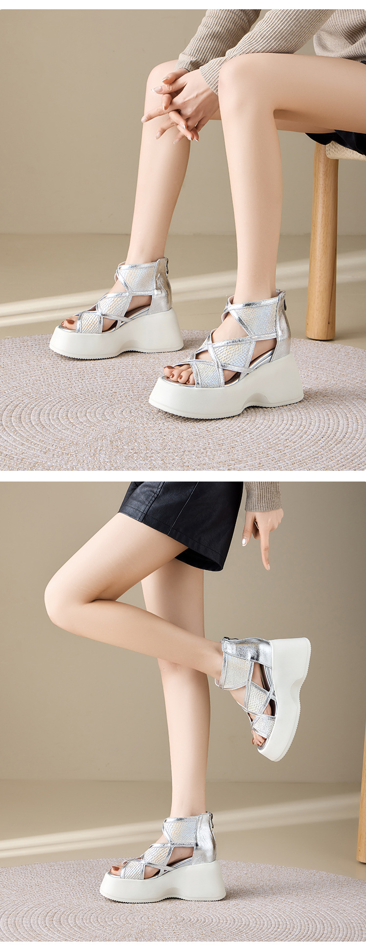 Sandal cao gót nữ quai chéo đế dày platform hở mũi — màu mơ, bạc chi tiết 10