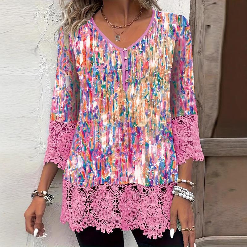 2024 cross-border new ladies lace seven-point sleeve top fashion casual