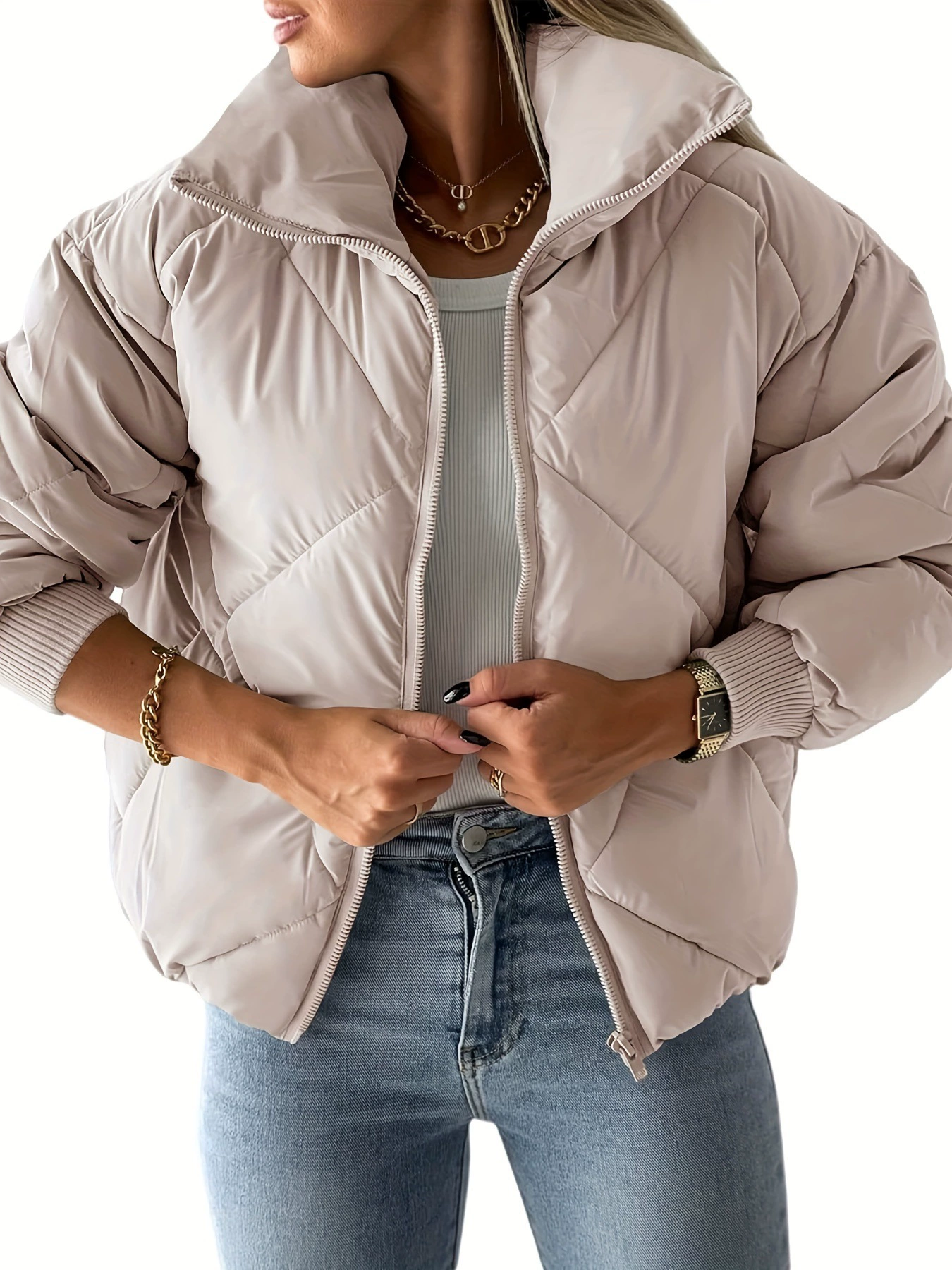 Women's Quilted Cropped Puffer Jacket Lightweight Warm Full