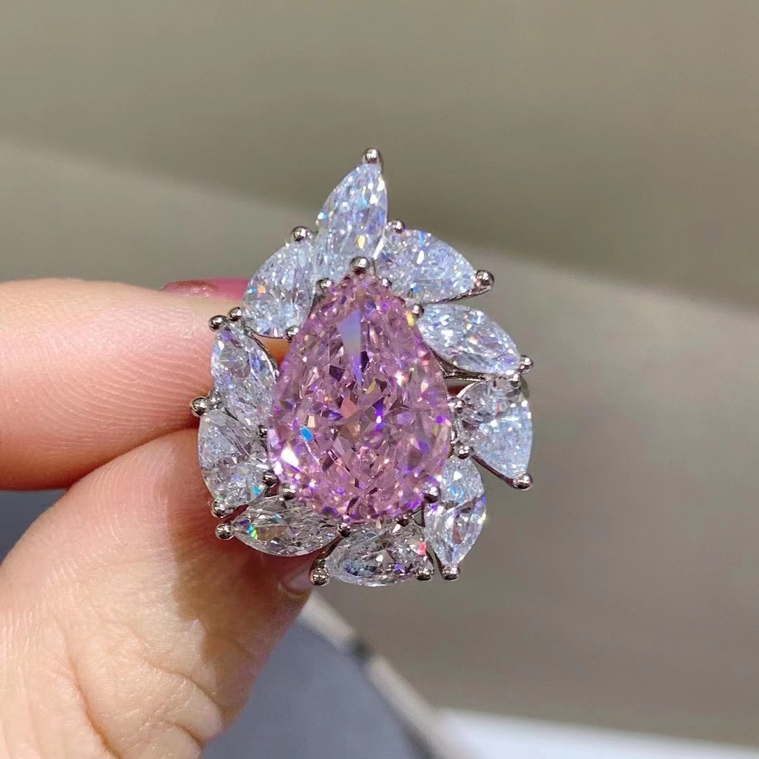Anillo de diamante de alto carbono importado de plata esterlina con incrustaciones de 6 quilates VVS nivel en forma de gota corte Rosa anillo de diamante de alto carbono