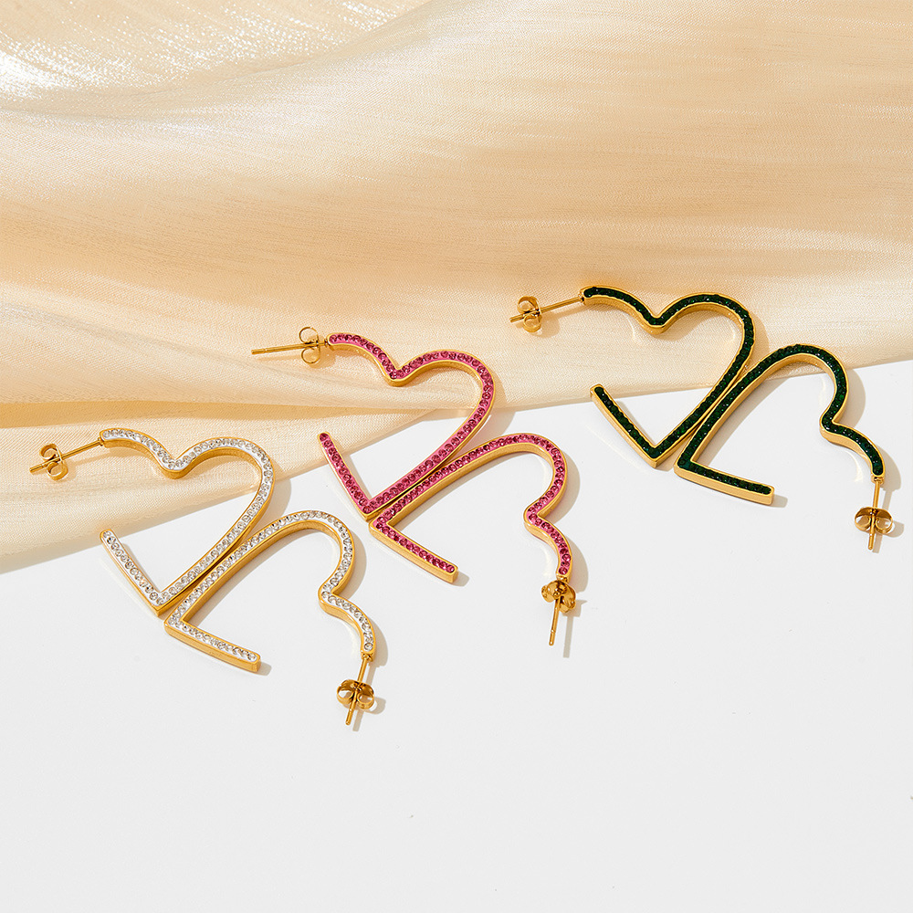 Fashion Heart Shape Stainless Steel Inlay Rhinestones Earrings 1 Pair