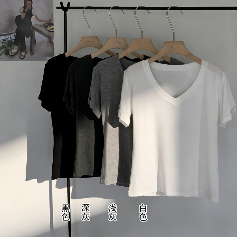 Catkaiser Minimalist Aesthetic Large V-Neck T-Shirt for Women, Spring and Summer Soft Drape Versatile Gentle Healing Short-Sleeve Top
