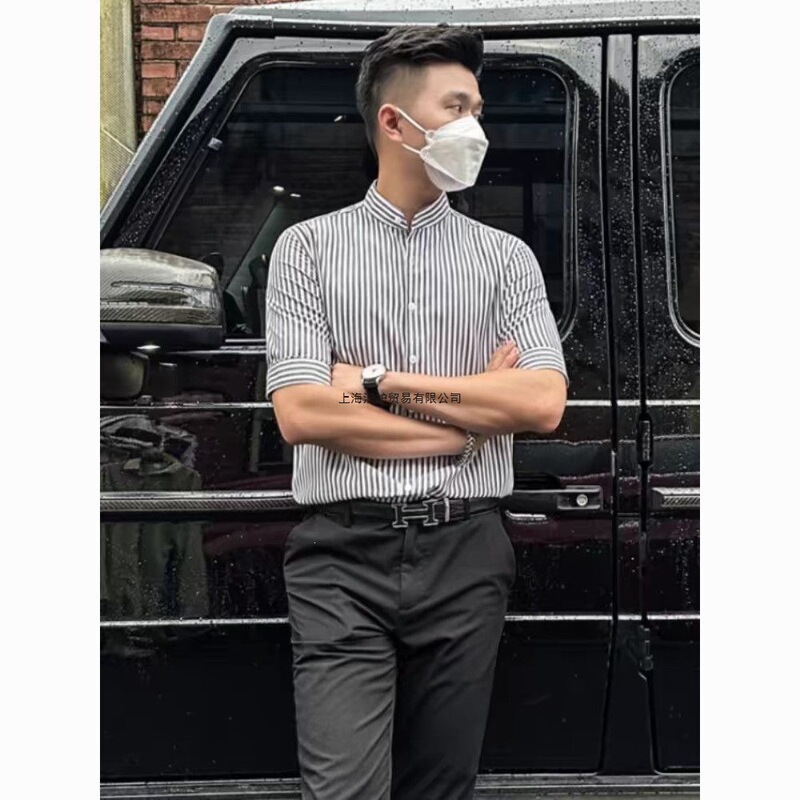 Three-Quarter Sleeve Spring and Summer Men's Striped Slim-Fit Stylish Non-Iron Wrinkle-Resistant Ice Silk Casual Versatile Shirt in Stock