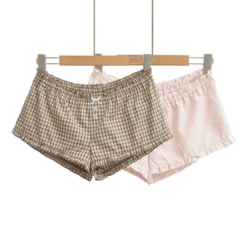 Plaid Ruffled Home Shorts for Women 2026 Summer New Style Elastic Waist Buttoned Straight Casual Simple Outerwear Hot Pants