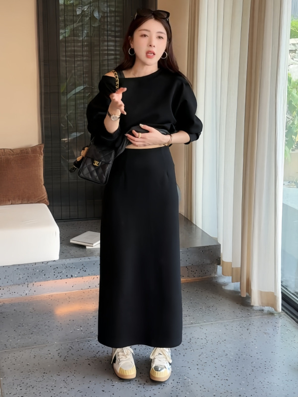 松弛感穿搭一整套假两件卫衣两件套宽松露肩韩系早秋穿搭套装裙|undefined