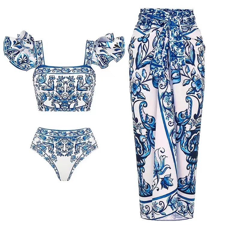 Nylon, Polyester Fabric Type Women's Elegant Sexy Printing 3 Pieces Set Bikinis Swimwear
