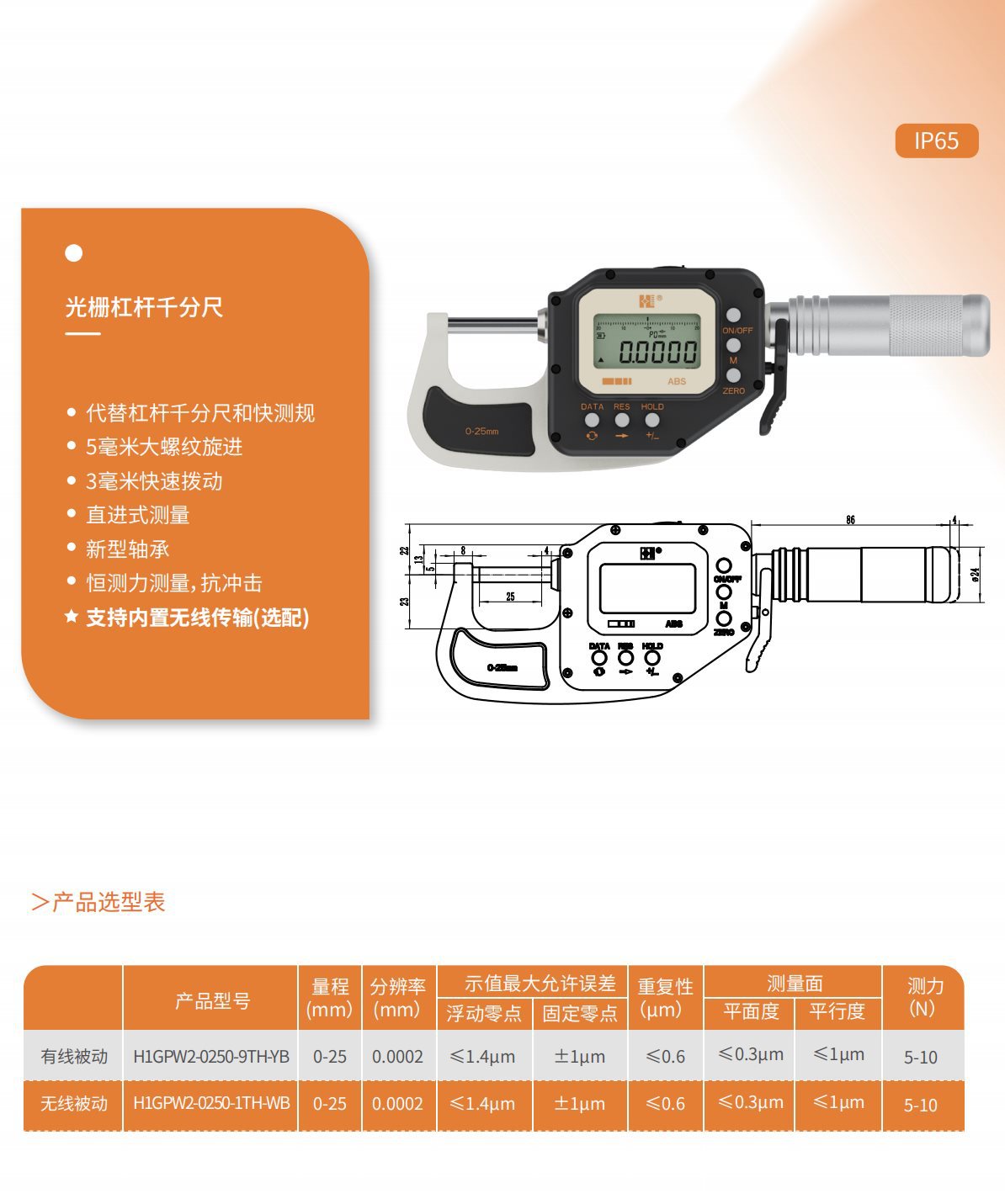 光栅快测数显杠杆千分尺0-25大螺纹快进恒定测力直进式测量0.001