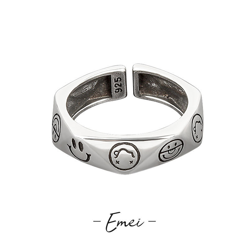 韩版几何菱角笑脸戒指女开口复古泰银个性百搭网红食指环跨境货源