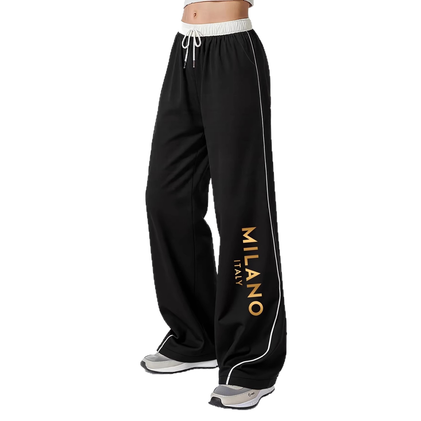 Gold Milan Print Loose-fitting Spring And Autumn Women's Casual Elastic Waist W'w Wide-leg Pants_ecoleips.com
