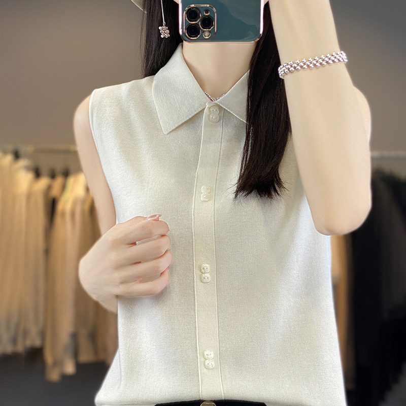 Summer New Knitted Vest Women's Polo Collar Sleeveless Cardigan Top Slimming Look Bottoming Shirt Thin Knitted Knitwear