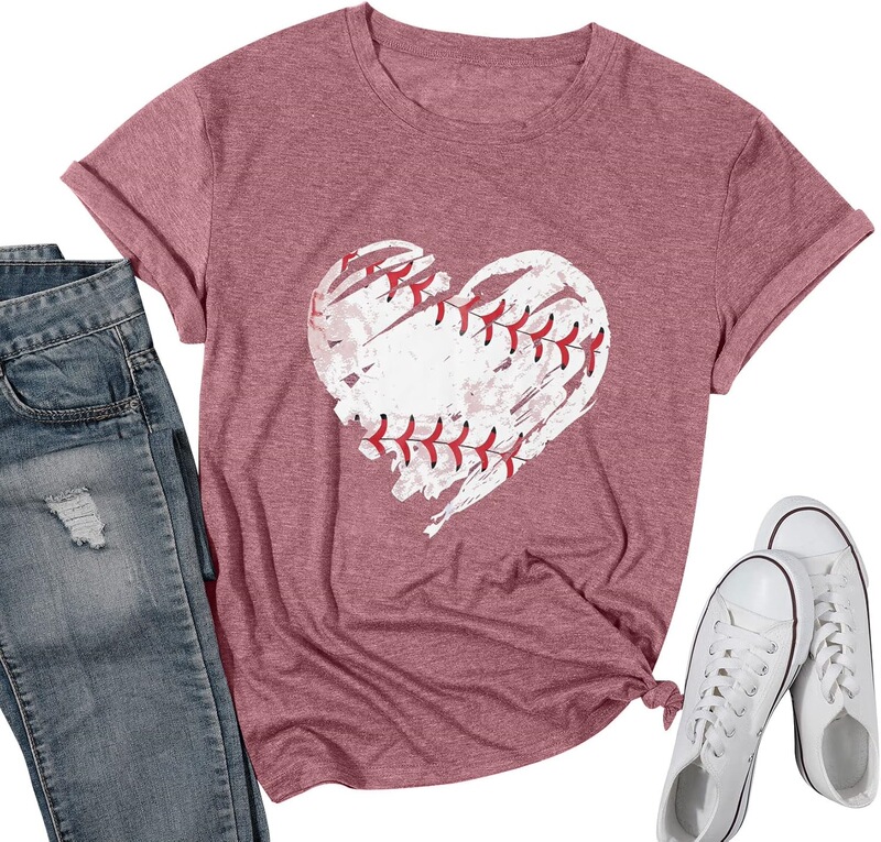 Baseball Shirt Women's Baseball Mom T-Shirt Baseball Heart Pattern T-Shirt Game Day Gift Fun Short Sleeve