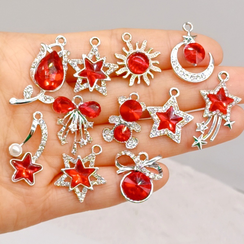 [White K Red Collection] Moon Love Stars Sun Earrings Alloy Diamond Pendant diy Hand Material