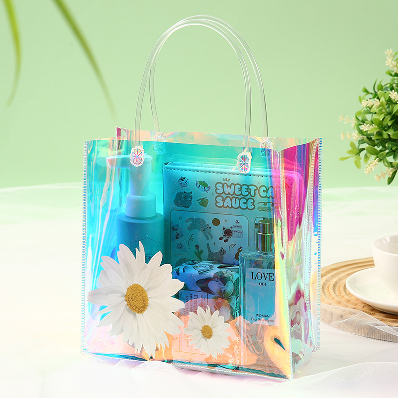 pvc plastic laser transparent tote bag custom logo jelly colorful laser bag hand gift gift bag custom