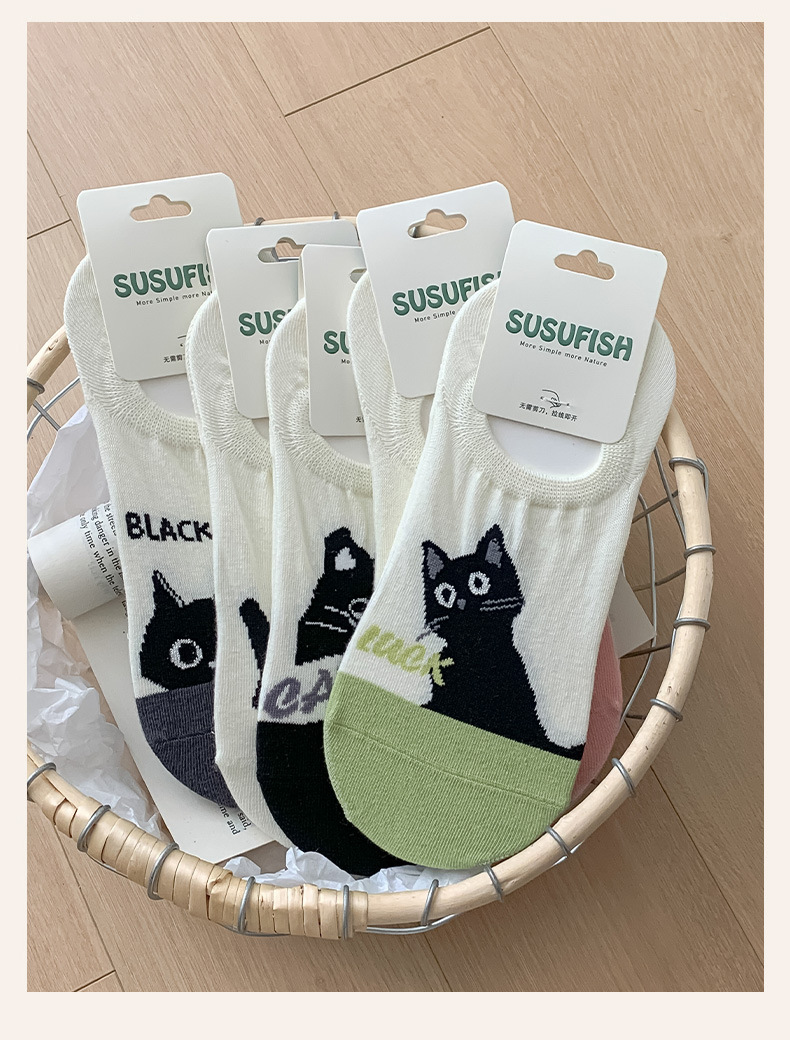 Animal, Cat Pattern Summer, Spring Season Women's Gender Cute, Korean Style Style A Pair Cute Korean Style Women's Animal Cat Cotton Ankle Socks
