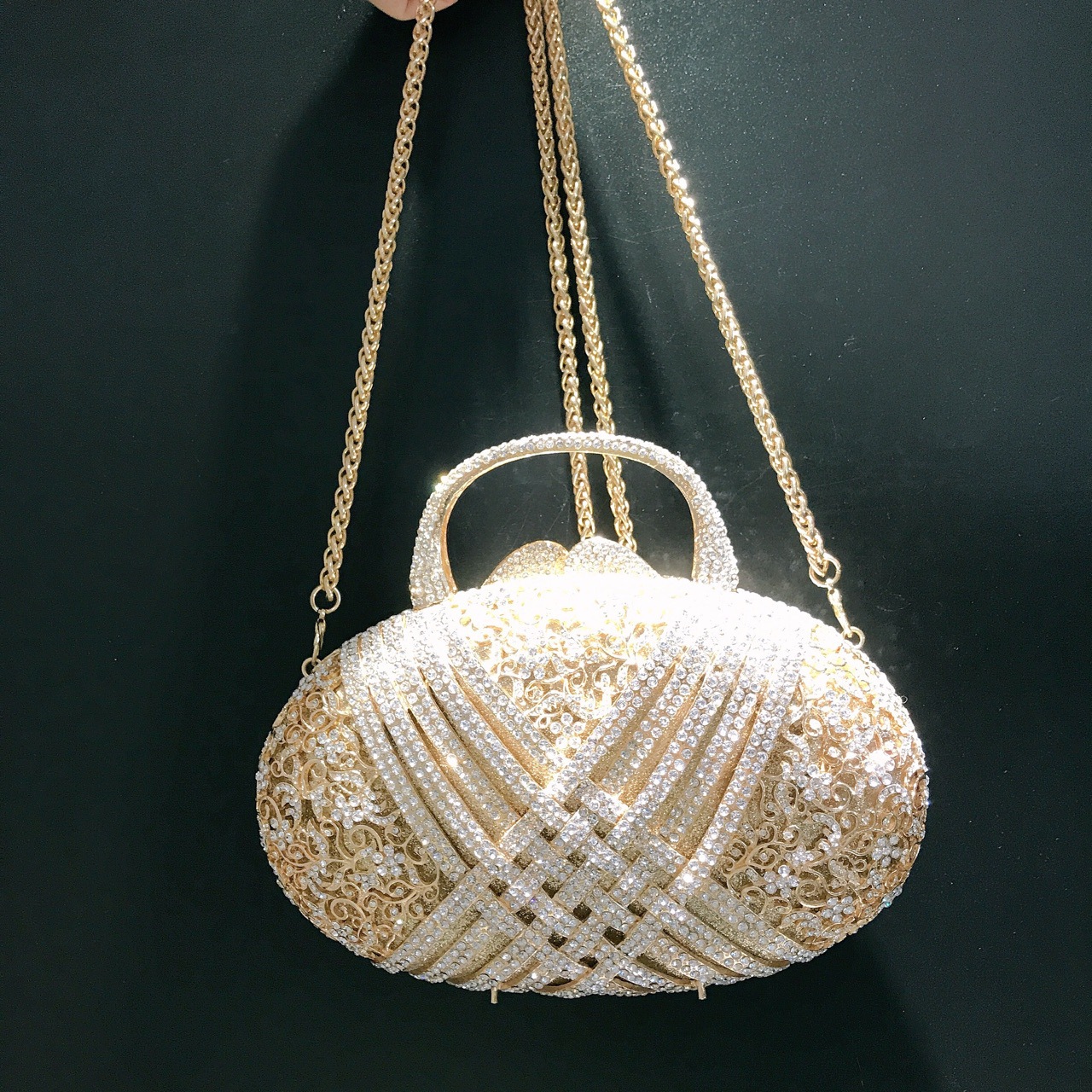 Túi clutch nữ đính đá rhinestone dệt hoa văn, xách tay dự tiệc — Màu vàng