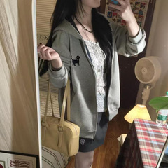 美式复古撞色拉链连帽卫衣女春秋小狗图案设计帽衫开衫休闲外套潮