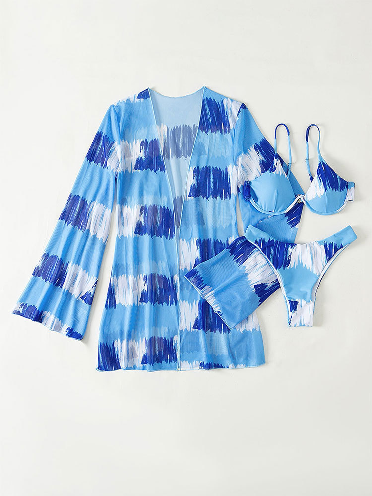 Nieuwe, bedrukte, zonwerende strandstalen driedelige set met meerkleurige cover-up, mesh bikinizwempak_voghion.com