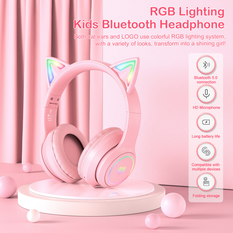 Onikuma B90 Bluetooth Gaming E-Sports Rgb Luminous Head-Mounted Pink Cat Ear Headphones Girls Mobile Phone Tablet