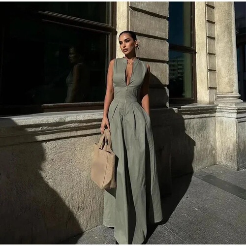 Elegant High-Waisted Solid Color Sleeveless Zipper Dress for Fashion, Fitted Work and Commuting